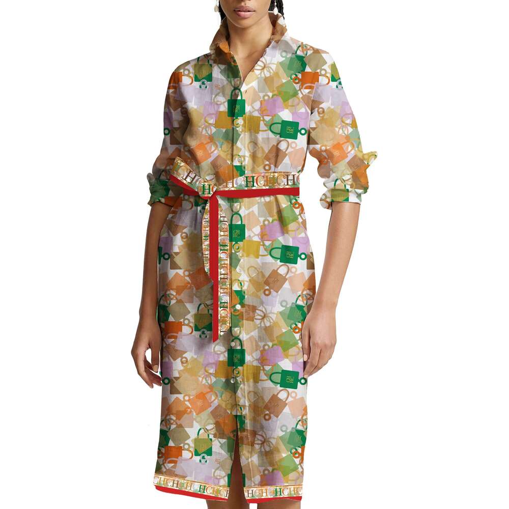 CHCH Vintage Printed Midi Dress For Women Fashion V Neck Long Sleeves Bodycon Dresses 2024 Summer Lady Street Robes