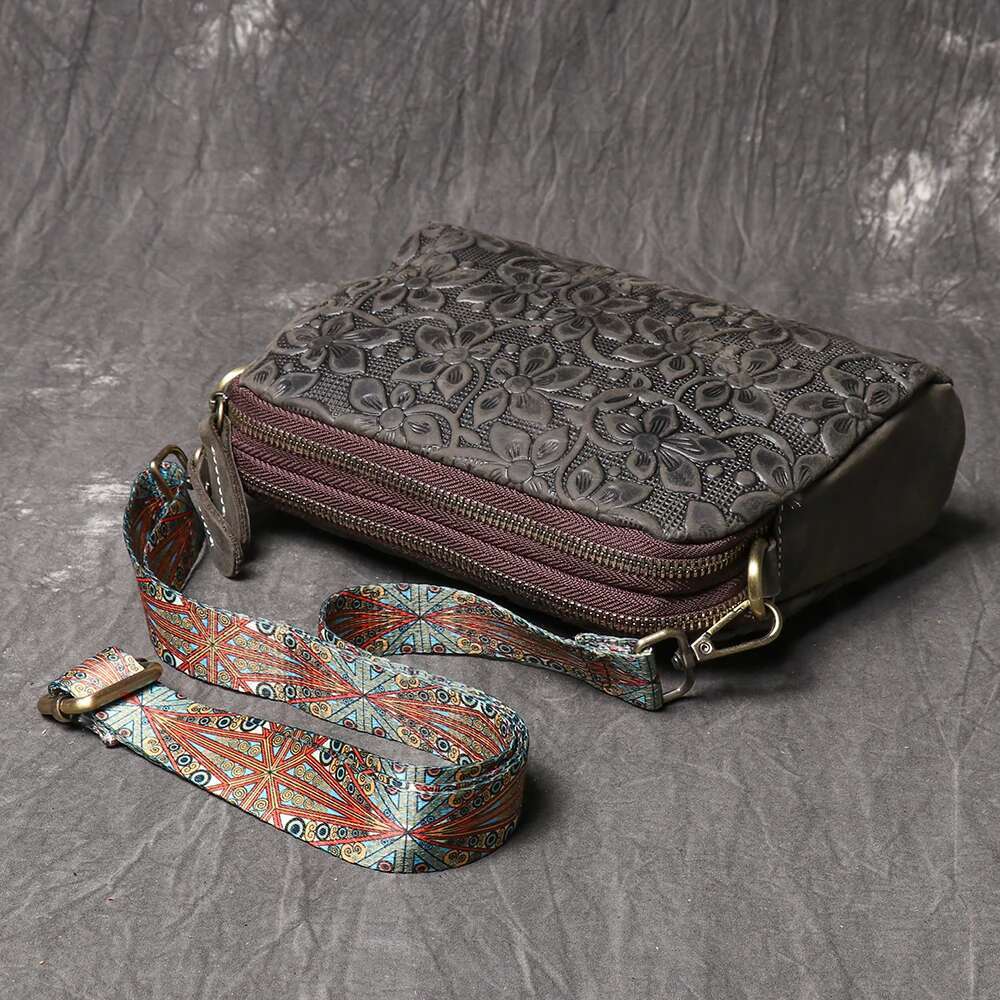 LUOKIR New Women's Genuine Leather Emed Shoulder Wind Horse Cowhide Mobile Phone Bag, Vintage Style Crossbody Bag