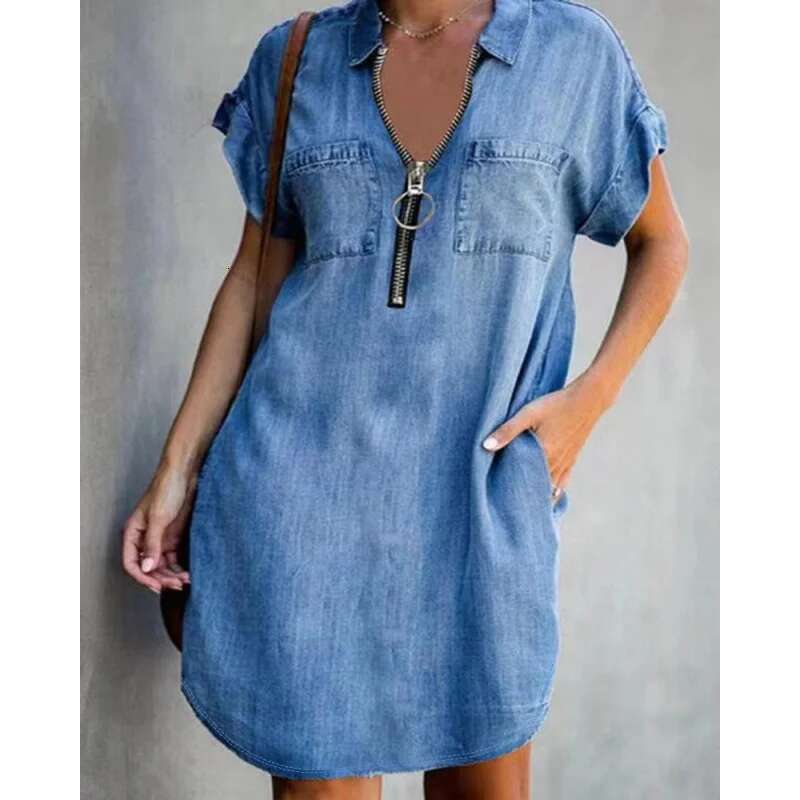 Dongdumaoyi New Loose Fit Denim Short Sleeve Turn Down Collar Fashion Shirt Dress For Women C