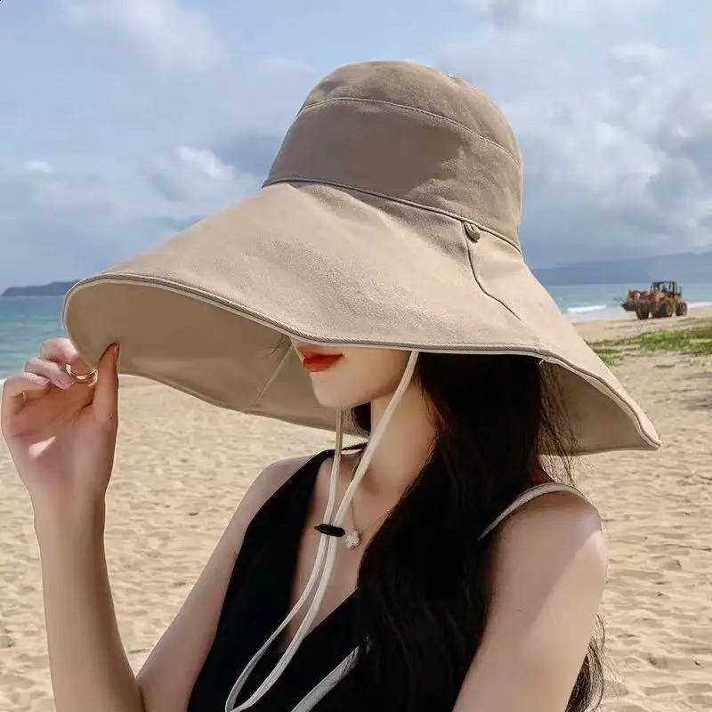 Wide Brim Sun Hat Women Anti-UV Protection Hiking Fisherman Cap Fold Summer Solid Cotton Breathable Beach Bucekt Hat 250424