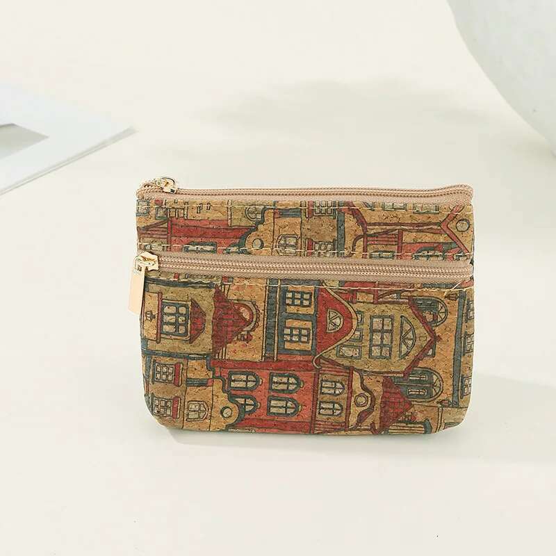 Vintage Fashion Cork Grain Printing Coin Purse Small Wallet Money Key Storage Wood Casual Nostalgic Double Zipper Clutch Bag