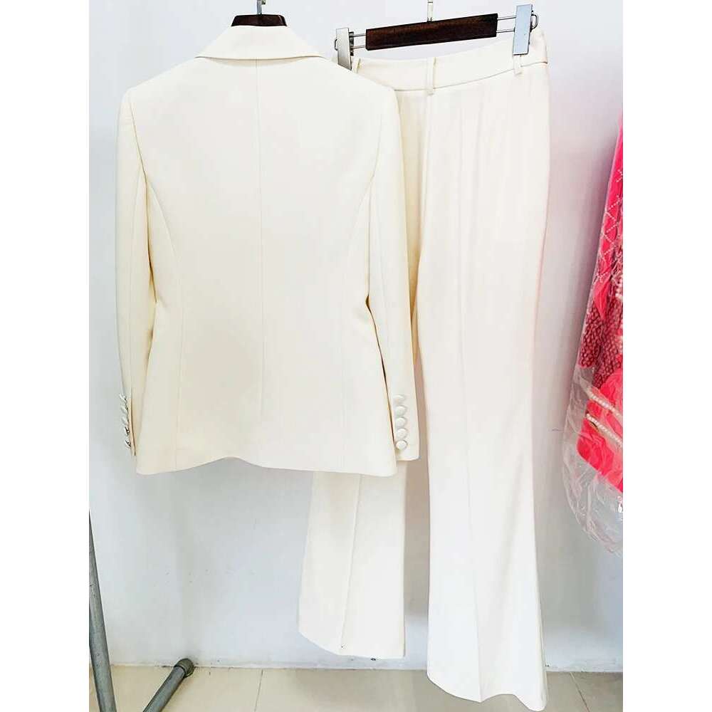 HIGH STREET Newest 2024 Designer Runway Suit Women's Single Button Metal Block Blazer Flare Pants Set