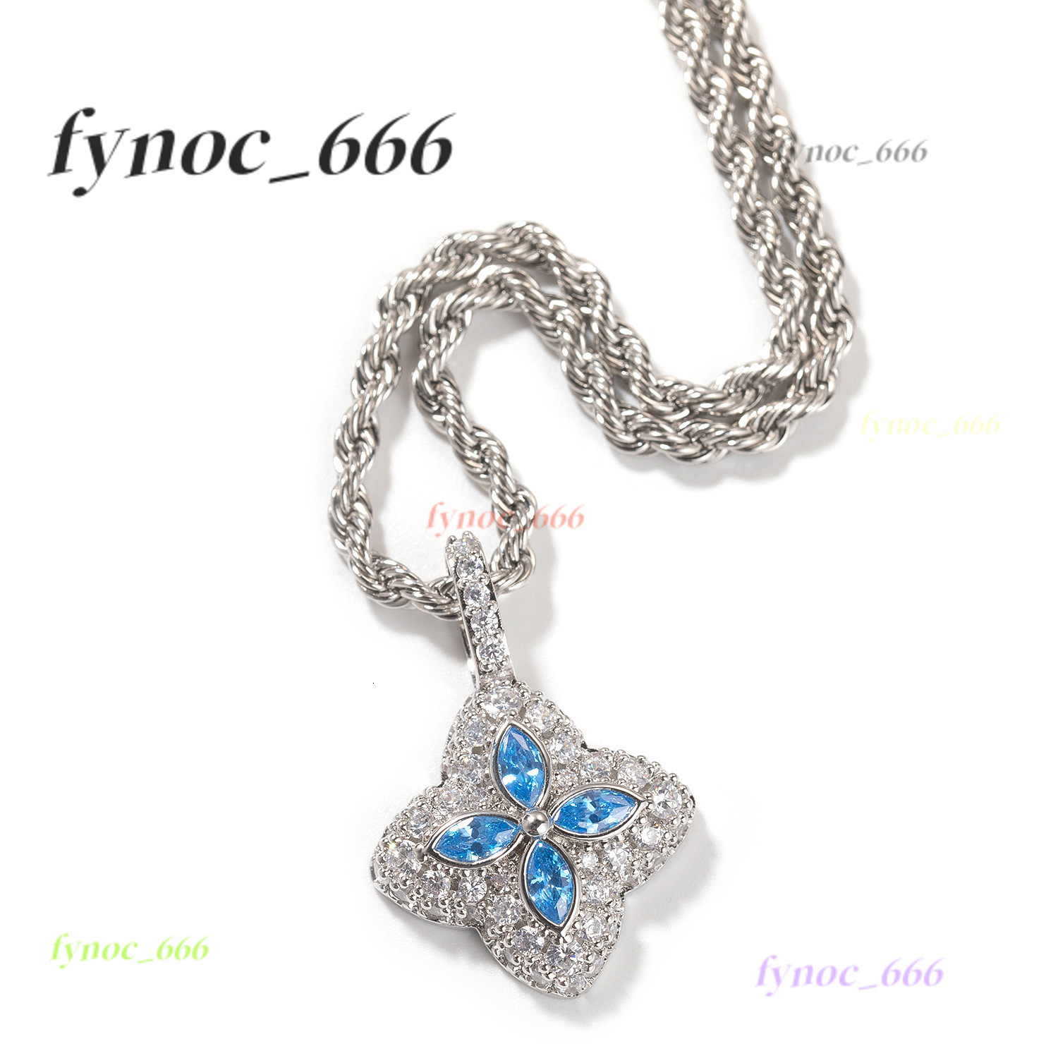 Iced Out Luminous Colored moissanite Clover Pendant Blue Marquise Motif Infinity Pendant
