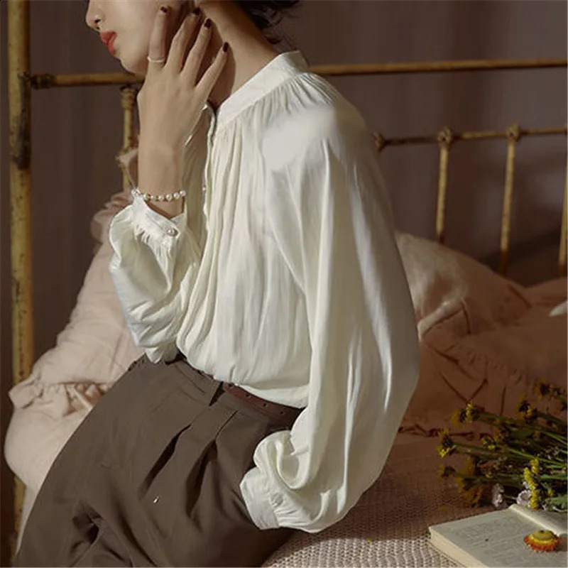 Womens shirt with white lantern sleeves retro pleated satin shirt summer autumn long sleeved loose office womens top 250418