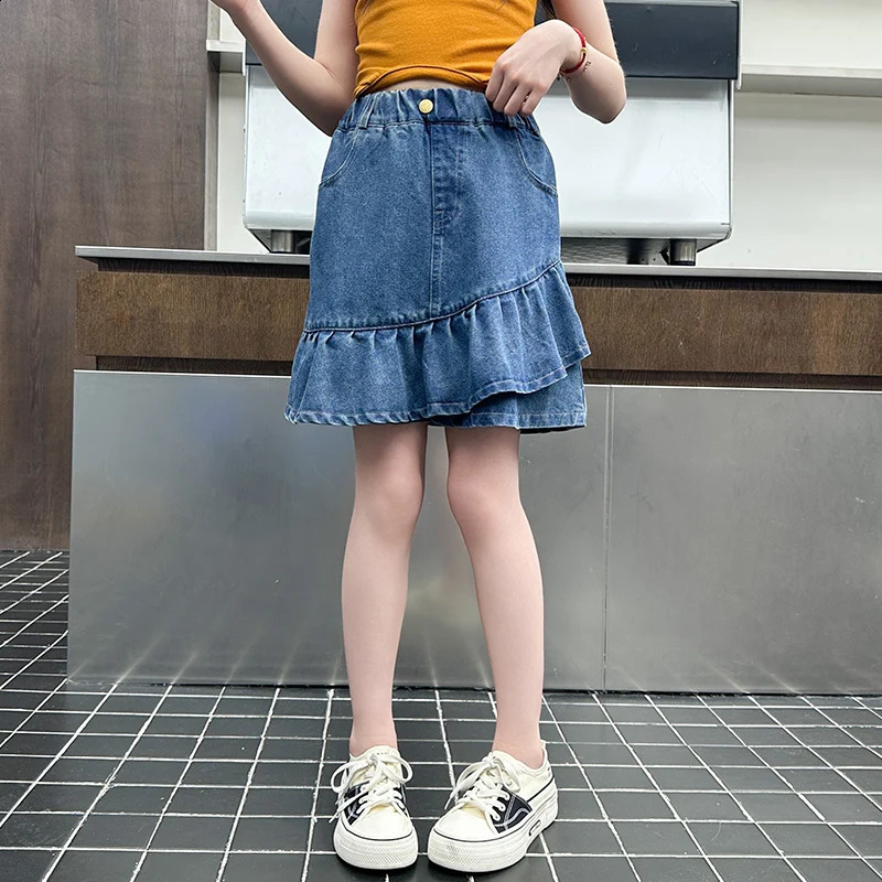 Girls pleated leggings for summer childrens leggings for girls big children summer personality simple denim leggings for 5-14 years old 250424