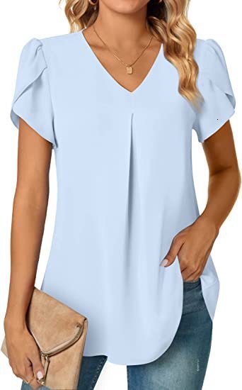 2023 Summer minimalist womens V-neck petal sleeve shirt womens shirt