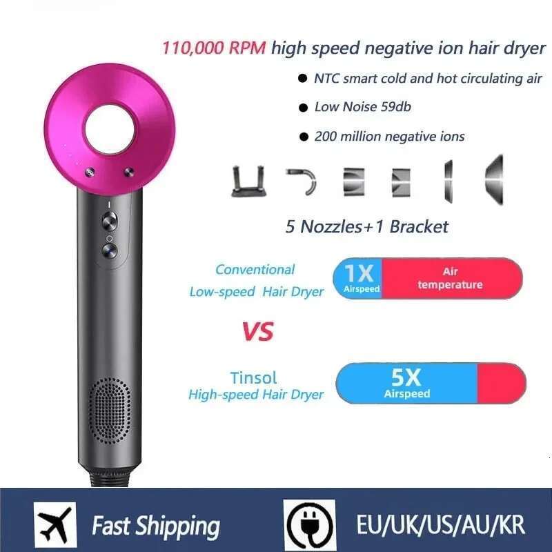 Professional Negative Ion Hair Dryer ,5 Attachments for Temperature Control Quick Drying,Air collecting&scattering For Home Use