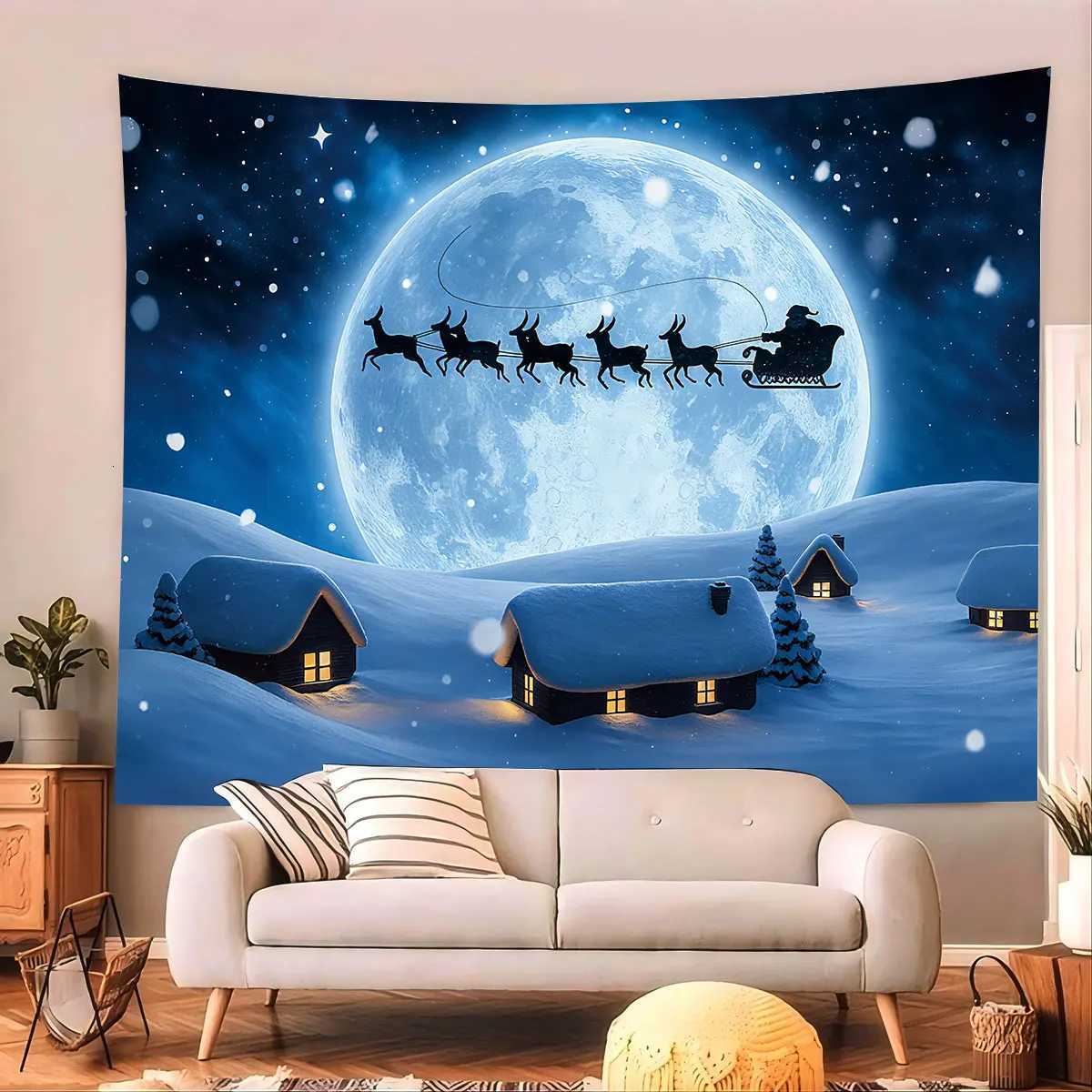 1pc Christmas Eve Santa Claus Sled Print Tapestry Living Room Wall Decoration Multi Size Background Cloth Machine WashableM251125