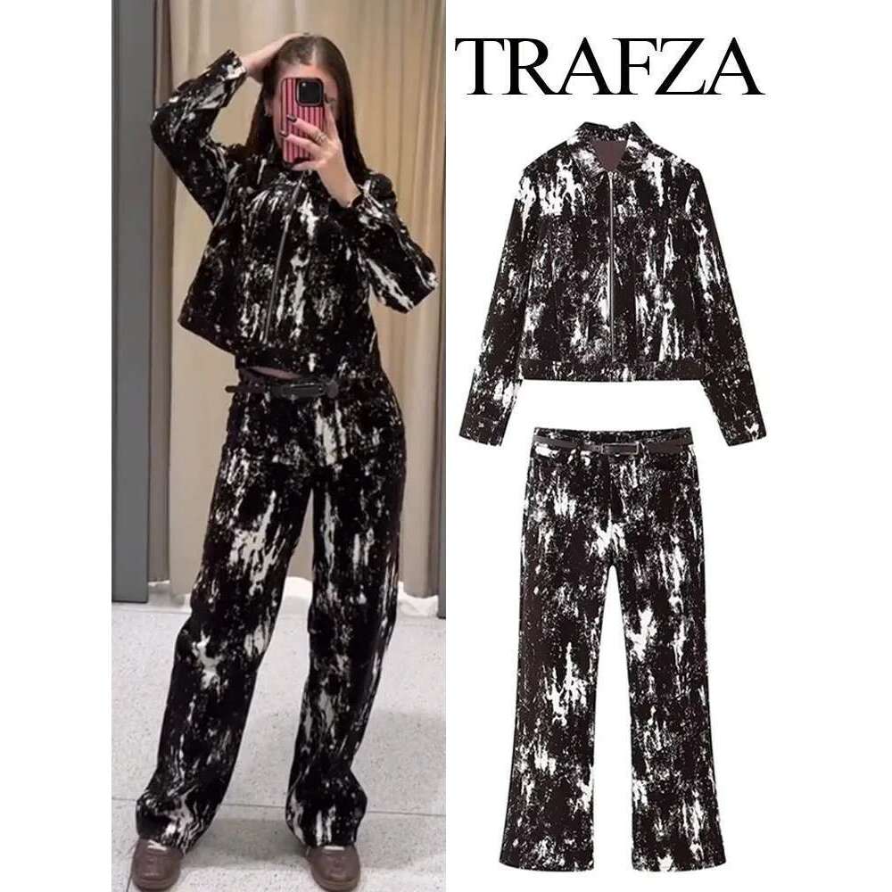 TRAFZA Vintage Pants Set Women's Fashion Versatile Animal Print Lapel Flocking Jacket+Belt High Waist Pocket Long Jeans Mujer