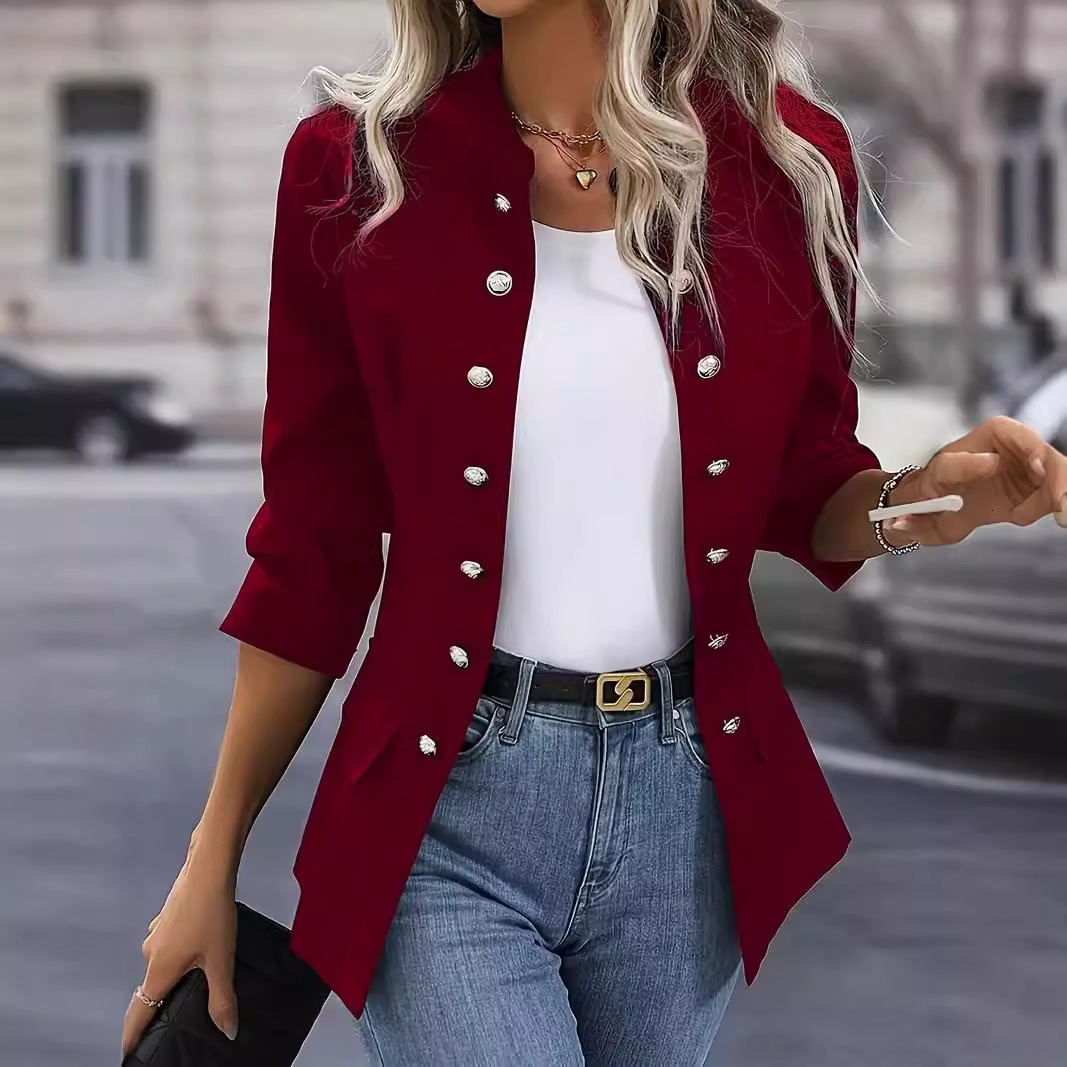 2024 winter fashion solid color stand up collar double breasted cardigan jacket for women