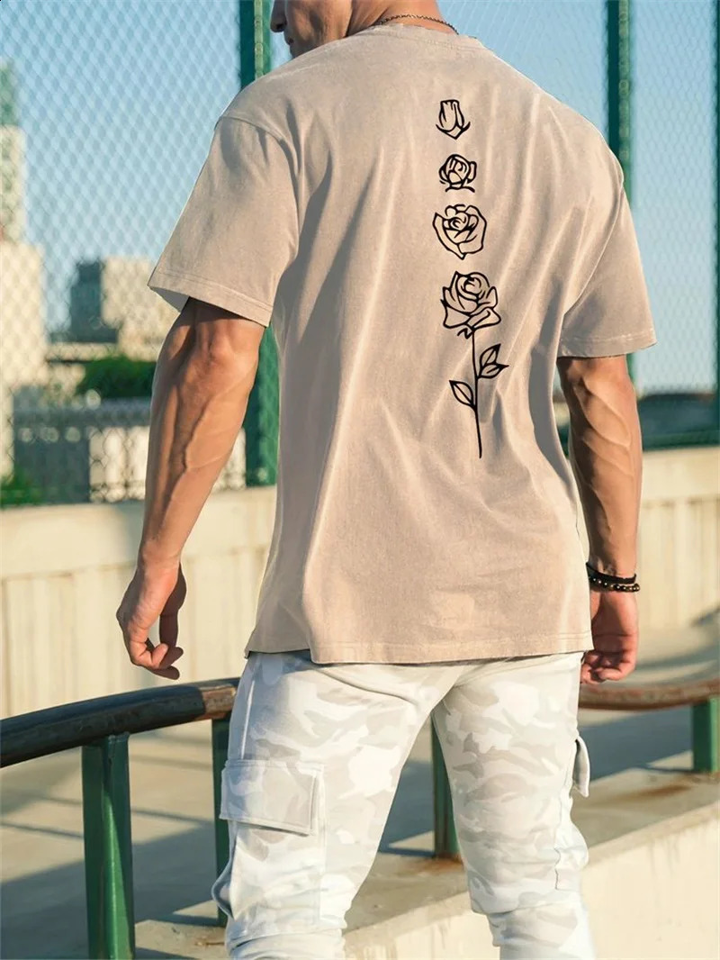 Mens Summer Loose Set 100 Cotton Rose Pattern Printed T-shirt Top 250423
