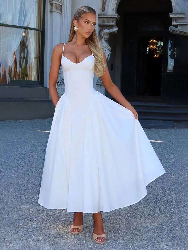 Dongdumaoyi Townlike Pleated Midi Long A Line Dress Women Spaghetti Strap Spring Summer Backless Nightclub Sexy Party Dresses