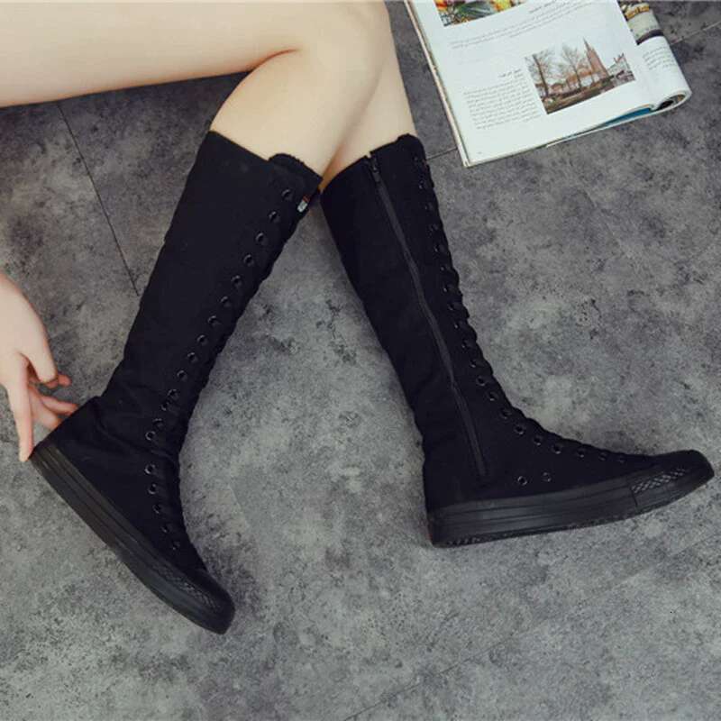 Spring and autumn new high-top inner heightening casual lace-up knee-length boots soft sole flat large size canvas women's shoes