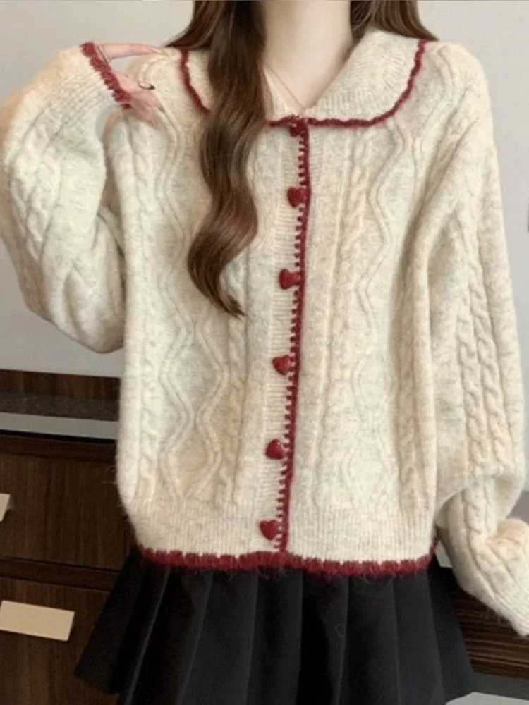 New Loose Sweater Autumn Winter Retro Love Button Knitted Sweater Womens Outer Wear Lazy Style Doll Collar Twist Cardigan TopsT251125