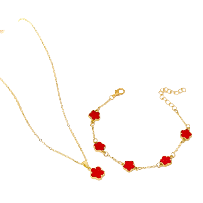 Five Petal Clover Flower Charm Chain Necklace Bracelet Jewelry Sets for Women Desinger Bracelet 18K Gold Plated Pearl Pink Crystal Gift Bridal Wedding