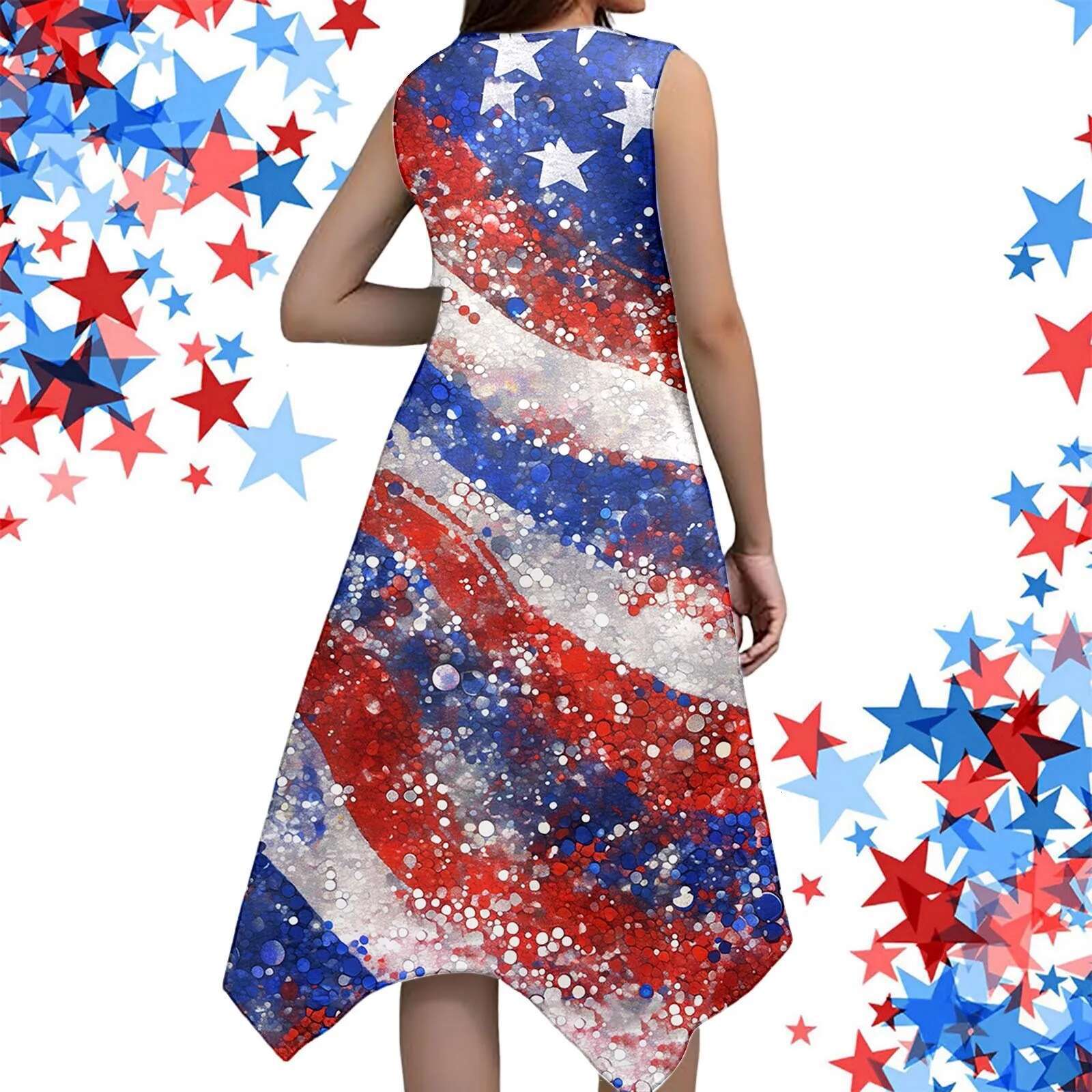 Dongdumaoyi Women S Fashion Spring Summer Independence Day Print Dresses Retro Irregular Hem Round Neck Sleeveless Pocket Casual Dress