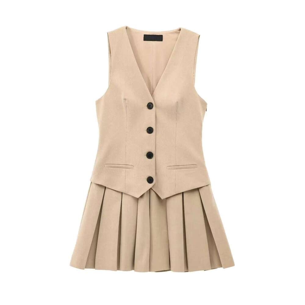 Designer Clothes Woman's Summer Sexy Chic Pleated Dress Grey Stripe V-Neck Sleeveless Pockets Single Breasted Female Fashion Slim Dresses