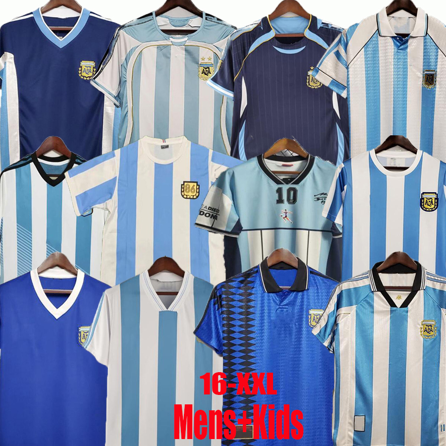 Retro ArgentinaS Soccer jerseys MESSIS Maradona CANIGGIA 1986 1978 1996 Batistuta 1998 RIQUELME 2006 1994 ORTEGA 2014 2010 ZANETTI 2001 Retrio Football Shirt Kids