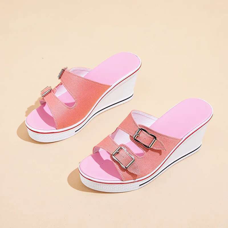 Summer new muffin thick-sole heightened wedge canvas slippers casual large-size waterproof platform high-heeled women's sandals