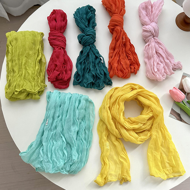 K518 Scarf women 2024 new all-match candy color small twist wrinkled silk scarf plain Bali yarn shawl scarf wholesale