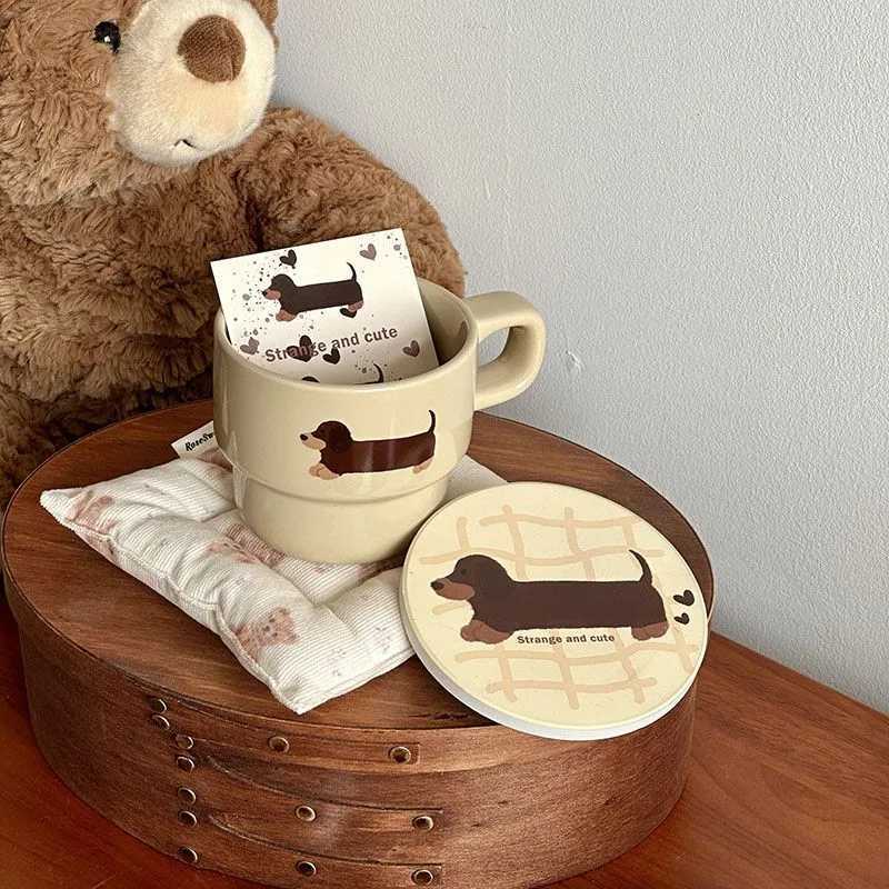 Cute Puppy Cartoon Cup with Coaster Cute Dachshund Cup Mat Ceramic Mug Water cup Breakfast Milk Mug Creative Christmas Gift Y251125