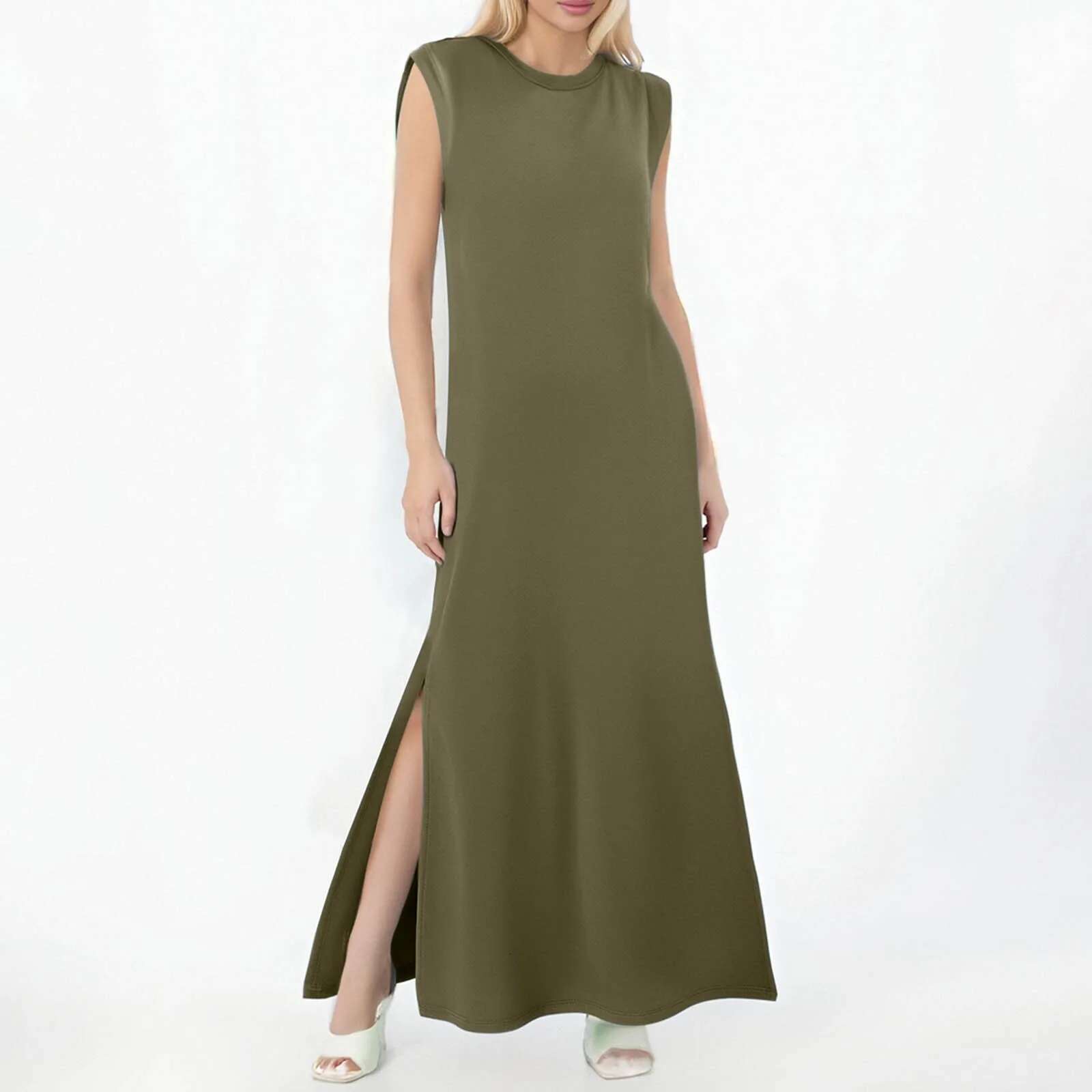 Dongdumaoyi Summer Dress For Women Casual Solid Color Side Split Flowy Long Short Sleeve Crew Neck Beach Sundress Vestidos