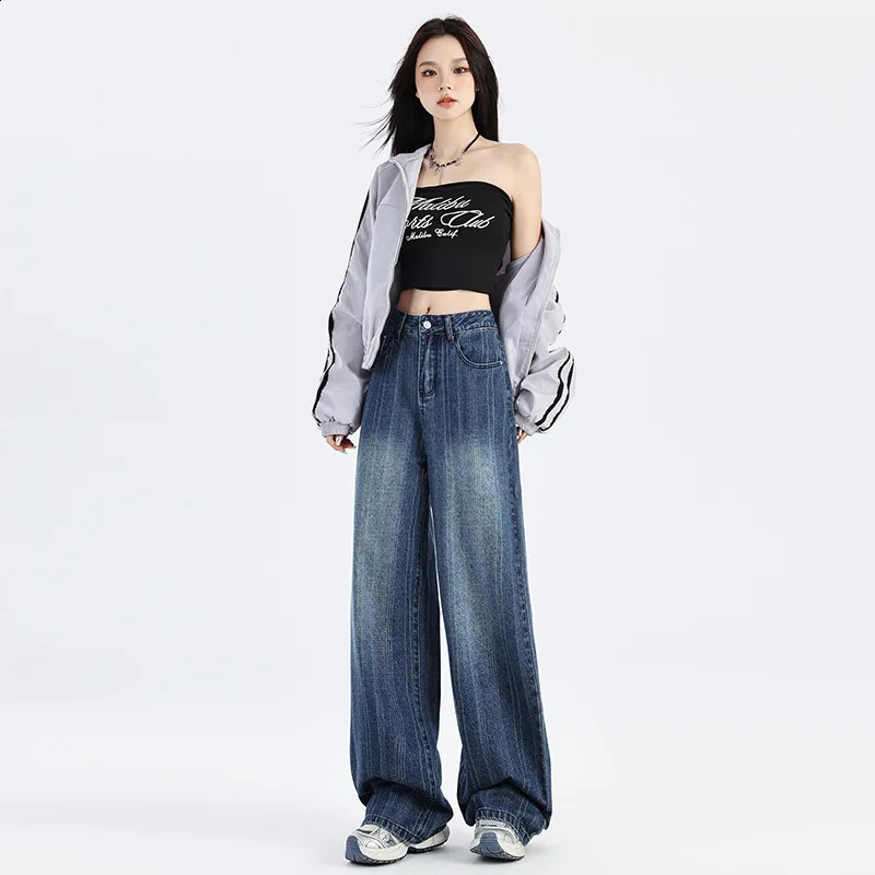 Wxw2847 SpringSummer Retro Long Denim Jeans Loose Wide Leg Mid Waist Boyfriend 250417