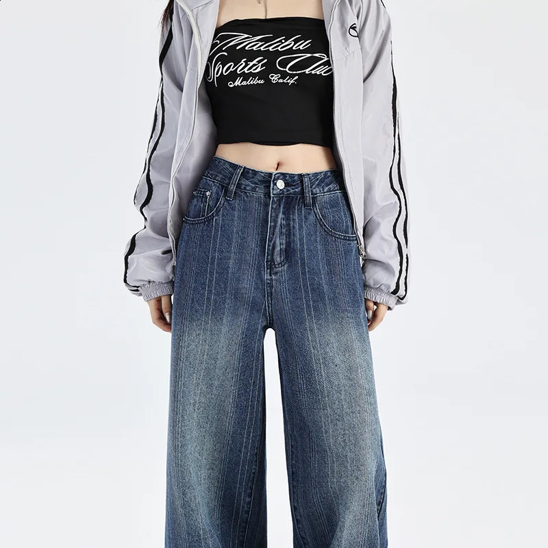 Wxw2847 SpringSummer Retro Long Denim Jeans Loose Wide Leg Mid Waist Boyfriend 250417