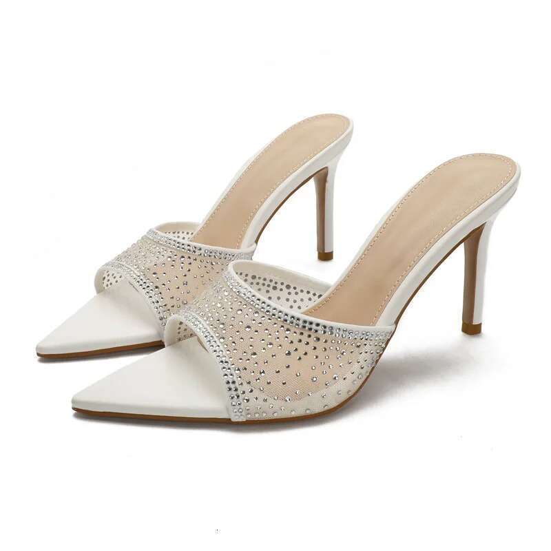Summer's new open-toe pointed rhinestone mesh one-line belt fashion slippers high-heeled dress outerwear large size women sandal
