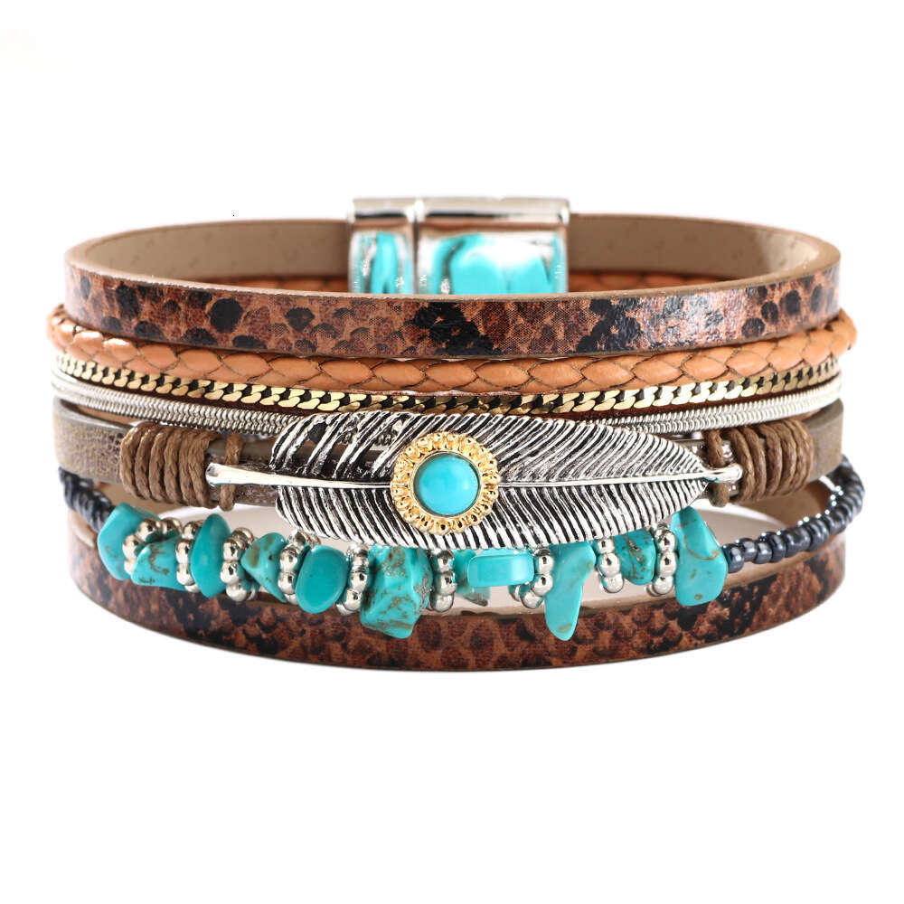 Women's Feather Trendy Personalized Turquoise Crushed Stone Multi layer Leather Bracelet