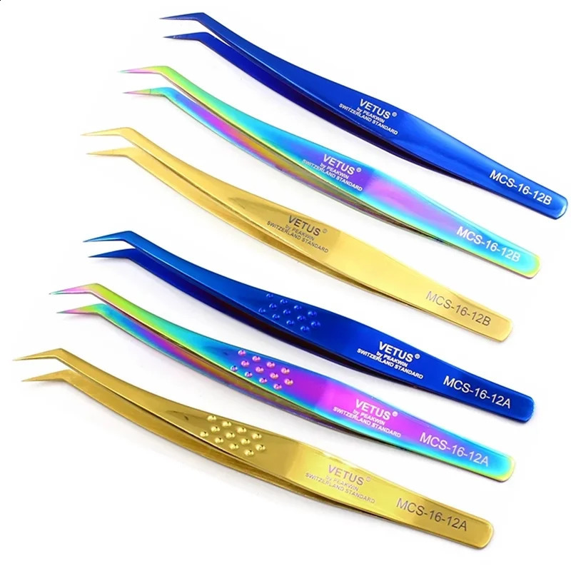 VETUS Colorful Ultra-Rigid Curved Stainless Steel Eyelash Extension Tweezers Anti-Static Lashes Tweezers for Beauty Watch Tools 250422