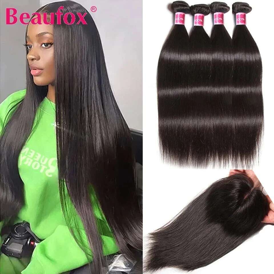 Beaufox Peruvian 3 Virgin Straight Human Bundles With Closure Natural Black Hair Extensions