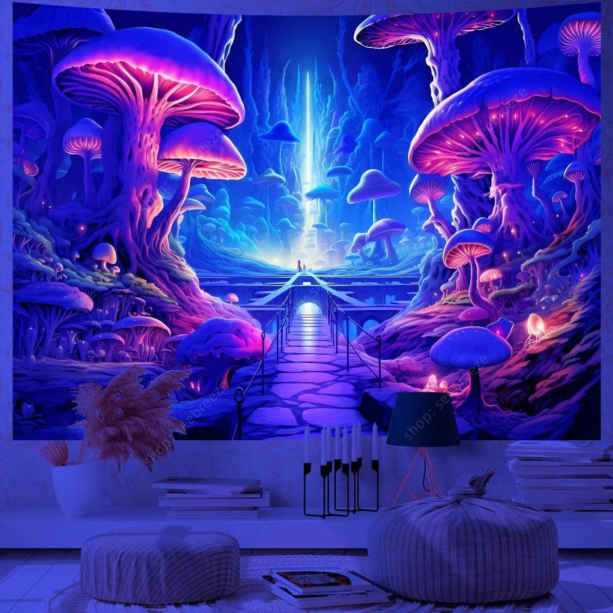 Fantasy Mushroom UV Reactive Tapestry Beautiful Floral Plant Tapestry Wall Hanging Gothic Home Wall Decor Room Decor AestheticM251125