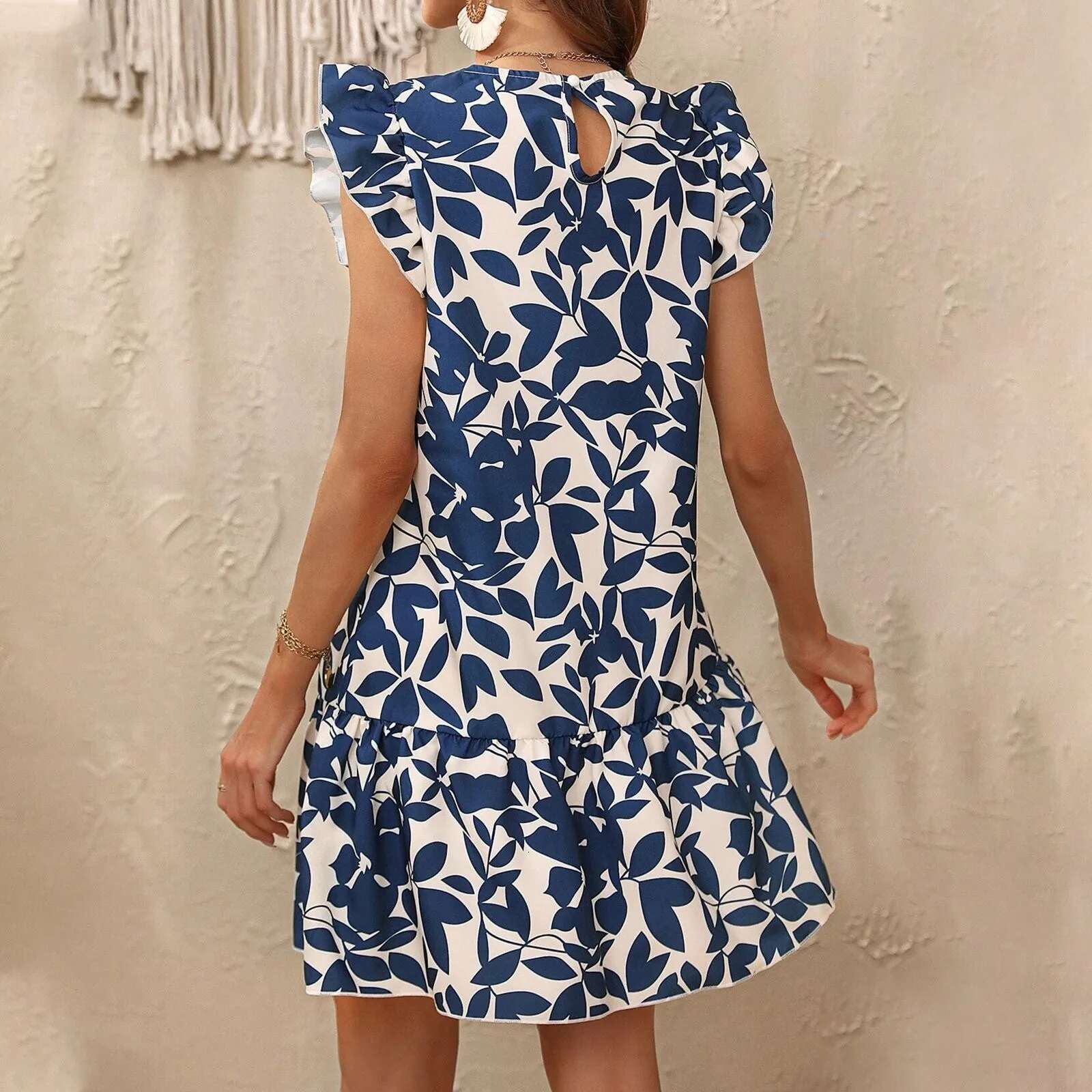 Dongdumaoyi Elegant O Neck Print Ruffles A Line Dress Women Summer Sleeveless Bohemian Sundress Casual Loose Party Knee Length Beach