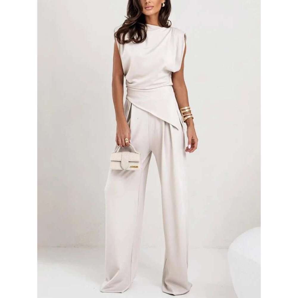 2025 Summer Fashion New Women's Two Piece High Street Elegant Round Neck Irregular Top Elastic Waist Wide Leg Pants Set