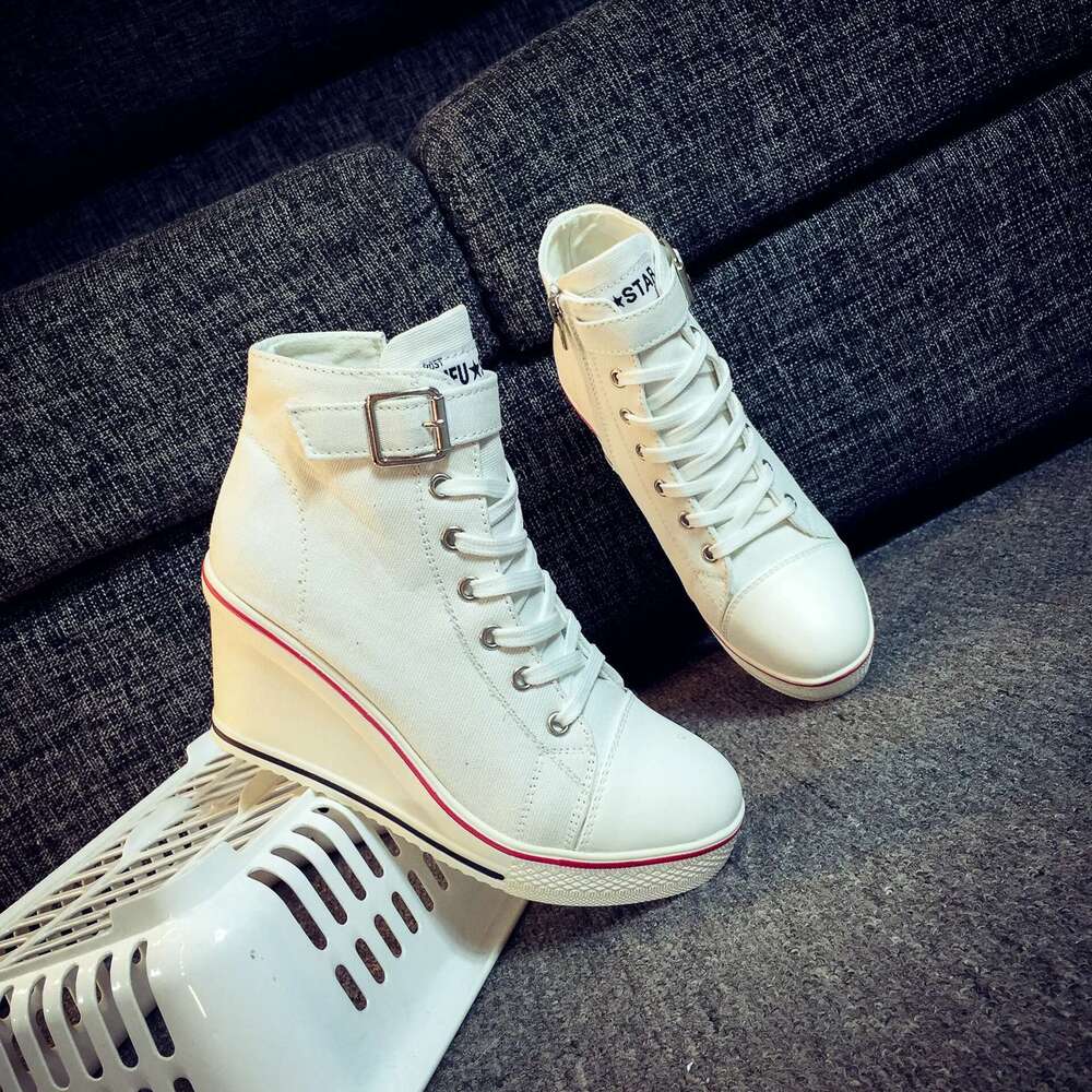 Spring and autumn new 8cm heightened thick wedge high-top canvas shoes muffin sole high-heel casual large-size women's shoe