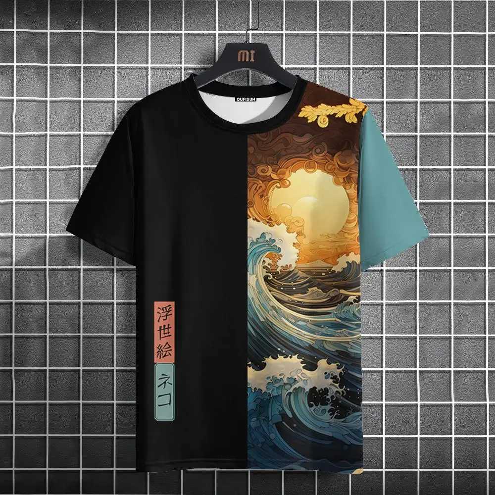 Japanese style mens T-shirt with ukiyo-e sea wave pattern printed T-shirt casual loose short sleeved T-shirt oversized mens top W250425