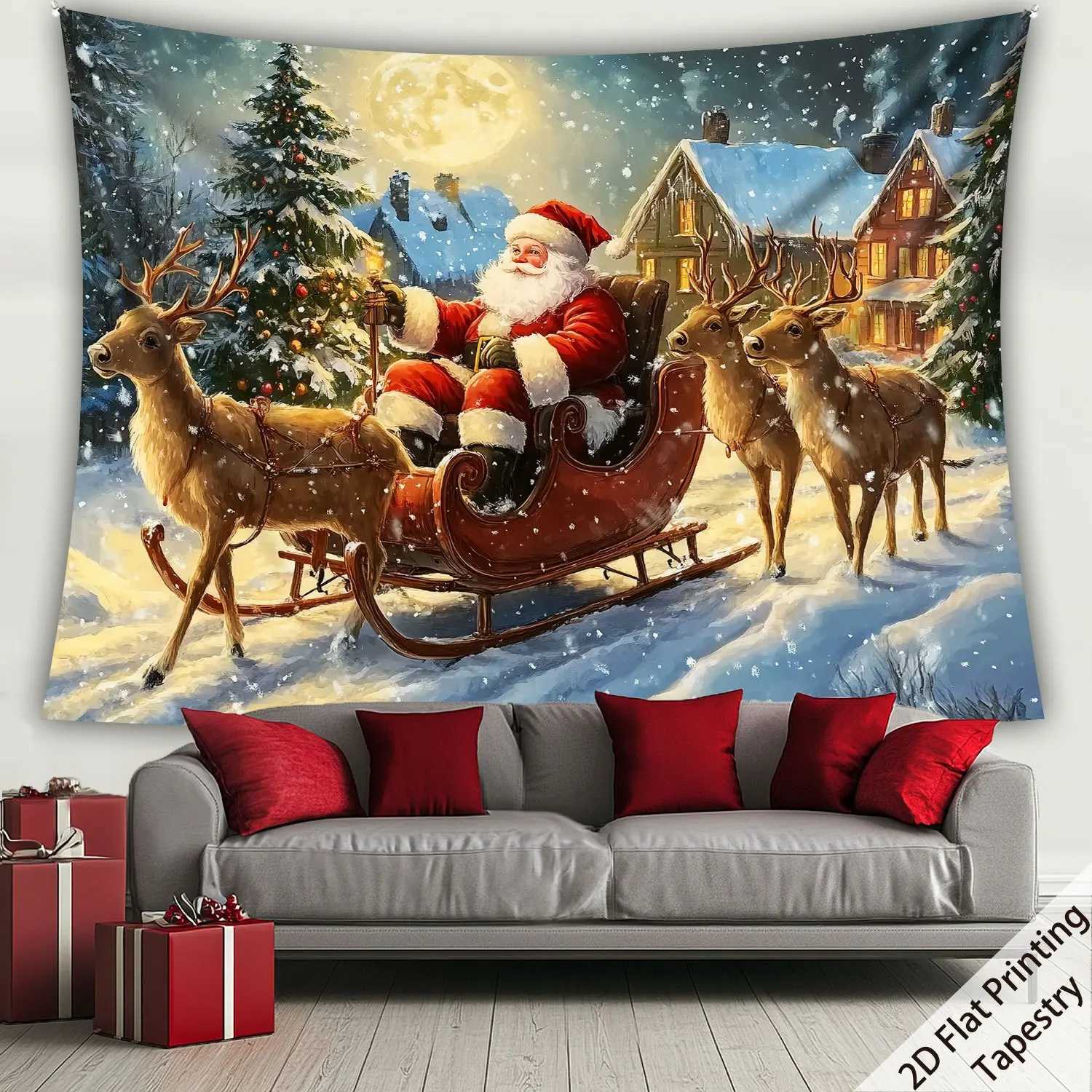 Winter Wonderland Tapestry Large Santa Sleigh with Reindeers Polyester Wall Decor for Indoor Outdoor Christmas Party BackgroundM251125