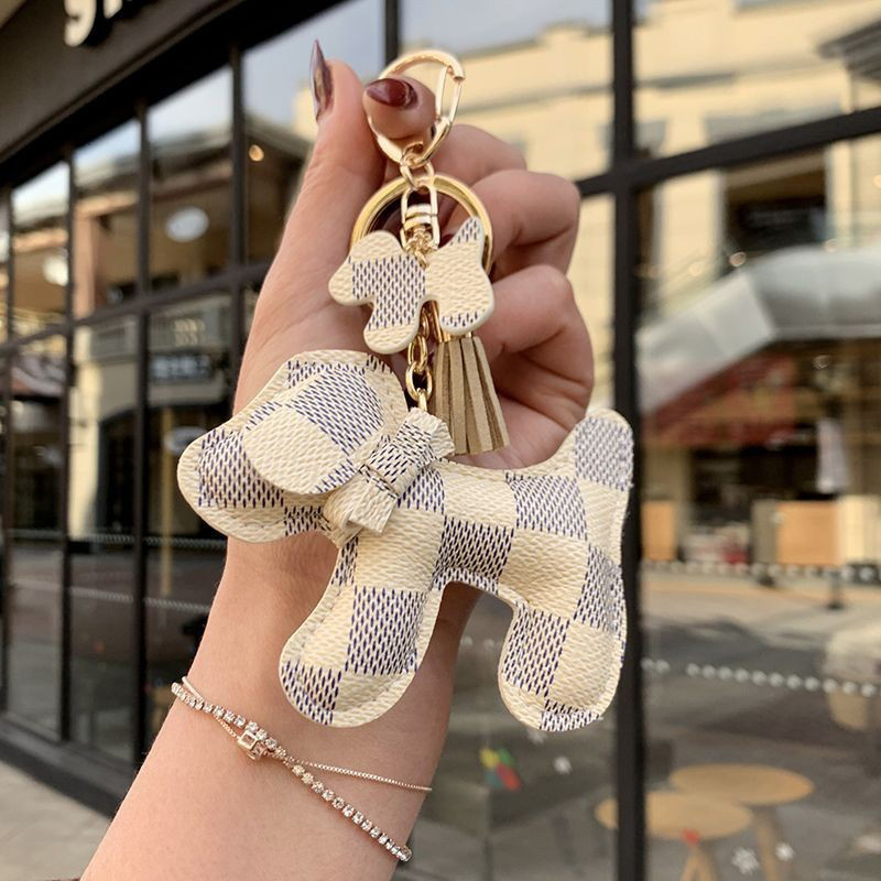 Fashionable Premium Leather Bow-Knot Dog Keychain - Couples & BFFs Key Ring, Cute Bag Charm for Car Keys