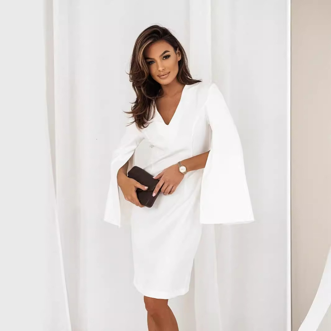 2024 Autumn V-neck Fashion Split Long Sleeve Solid Color Slimming Dress for Women