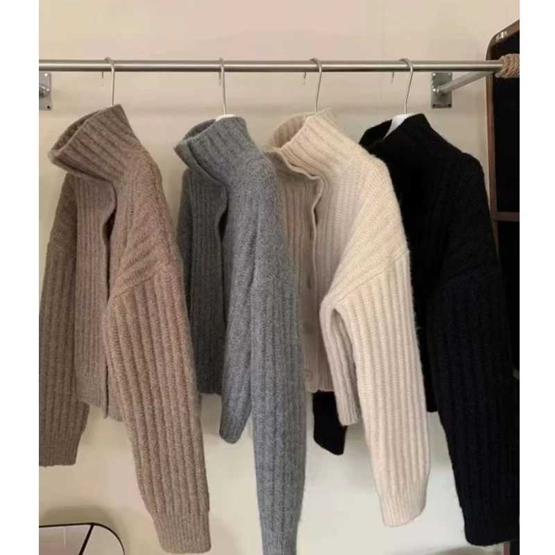 Winter Solid Casual Long Sleeve Office Knitwear Turtleneck Loose Cardigan Women Sweater Pit Strip Thick Knitted Simple JacketsT251125