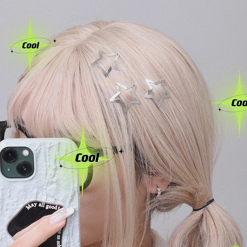 210 silver star Y2K BB hair clips for women Grils cute metal side bucket clip headwear 250417