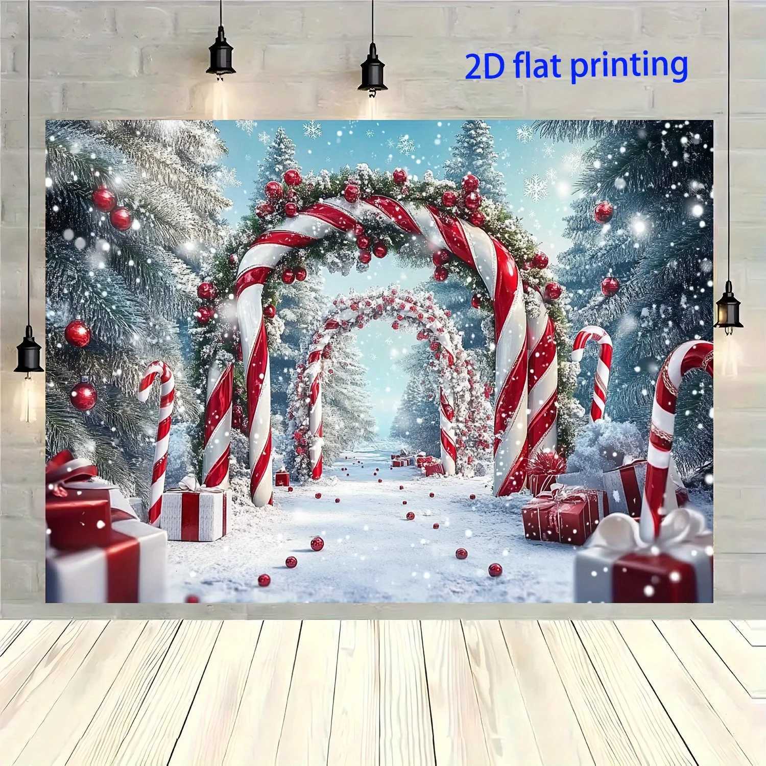 1 Piece Pink Winter Wonderland Background Tapestry Christmas Decoration with Candy Cane Christmas Tree and Snowy TrailHome DecorM251125