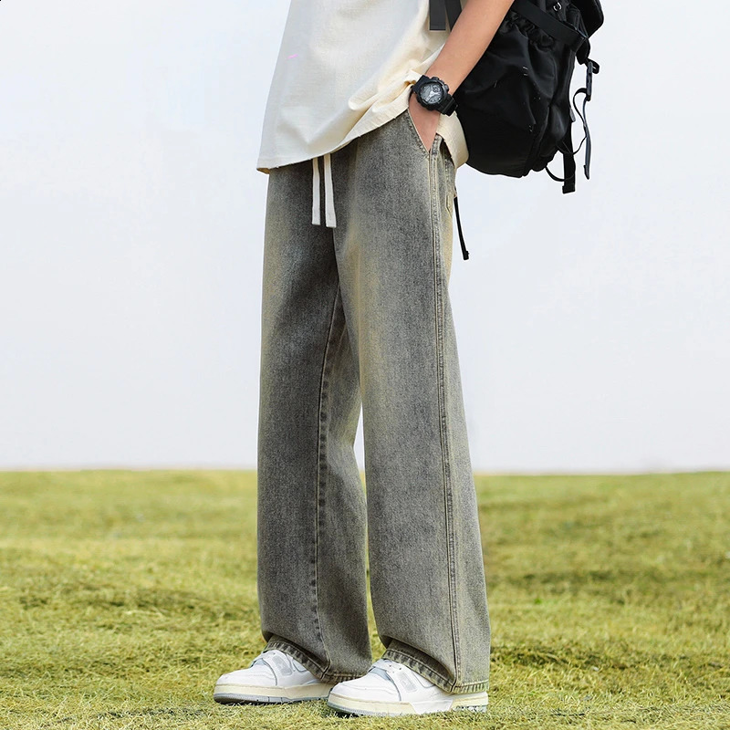 Homme Classic Baggy Drawstring Wide Leg Pants Korean Elastic Waist Simple Y2K Jeans 2024 Hip Hop Casual Lace Mens 250409