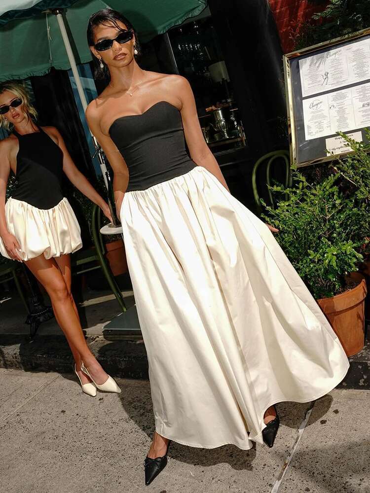 Dongdumaoyi Townlike Patchwork Pleated A Line Dress Women Midi Long Strapless Summer Backless Nightclub Sexy Party Dresses