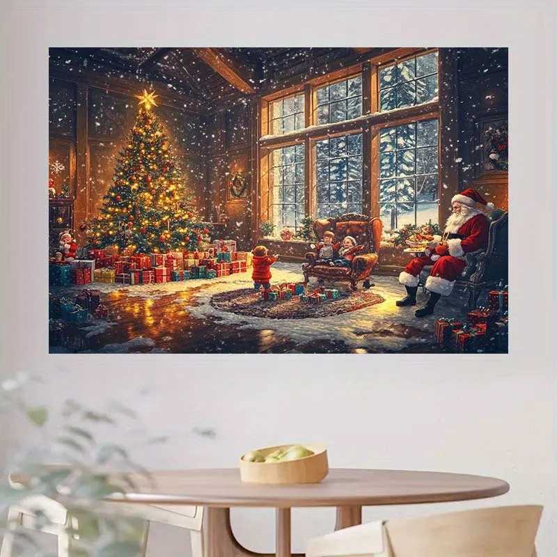 Cozy Christmas Scene Tapestry - Santa Tree Gifts Fireplace in Warm Home for Festive Wall Hanging DecorM251125