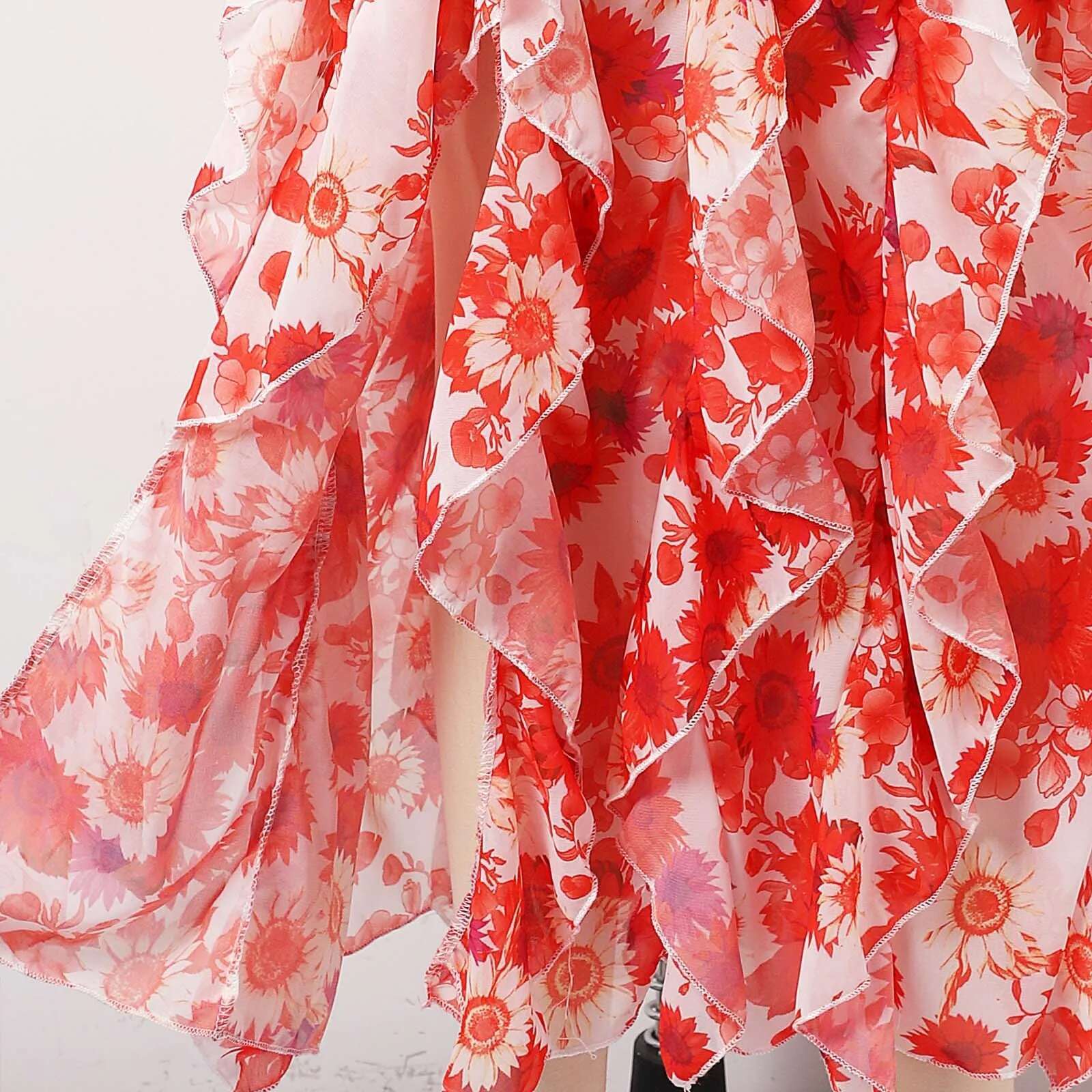Dongdumaoyi Women S Floral Print Strap Dress Chiffon Fairy Evening Party Gown Ruffled Split Long Prom Dresses Backless Sleeveless Maxi