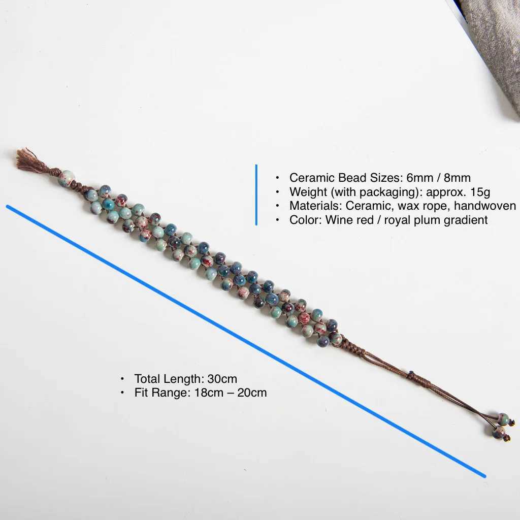 Handmade Wine Red Ceramic Beaded Bracelet with Tassel Adjustable Wide Braided Rope Vintage Chinese Style S03-119 J251125