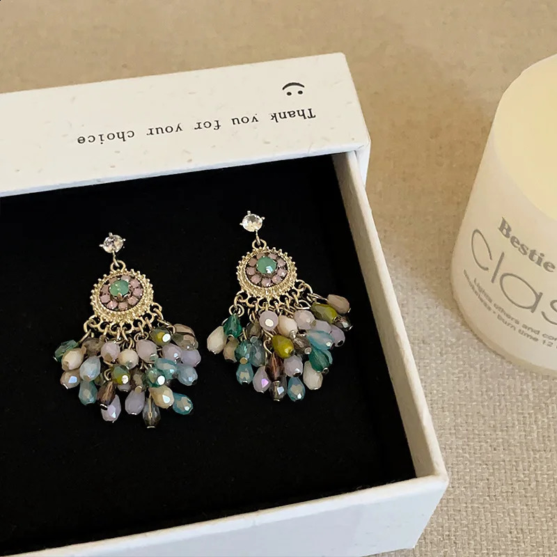 Minar Bohemian multicolor crystal Miyuki Strand tassel Rhinestone round pendant earrings suitable for womens casual beach jewelry 250422