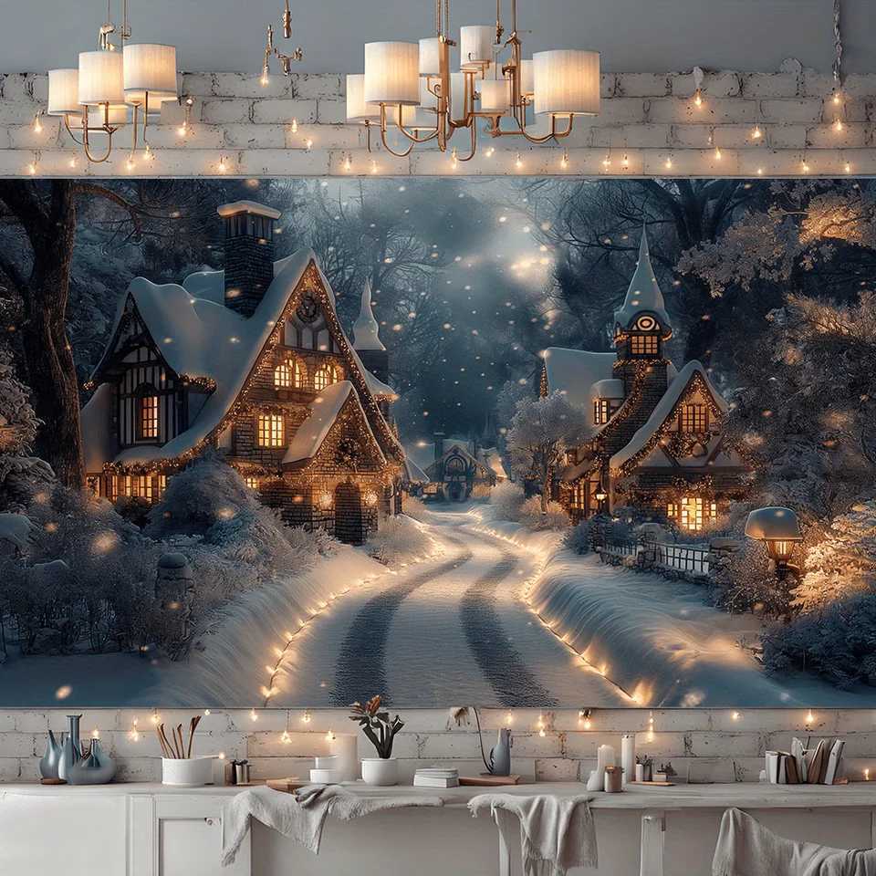 Christmas New Years Snowy Town Wall Tapestry Winter Wonderland Landscape Room Decoration Items Wall Fabric Bedroom TapestryM251125